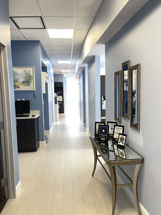 Hallway with light blue walls